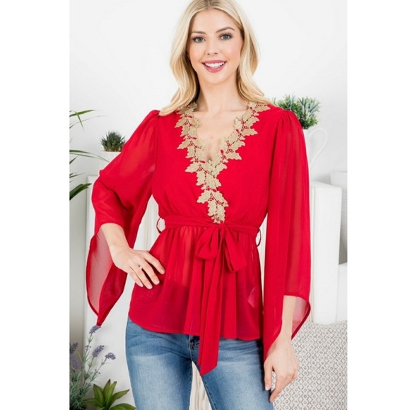 Skymallboutique Tops - New! Sale 🎉Red chiffon Leaf Detail Trim Cinched Waist with Belt Angel Arms